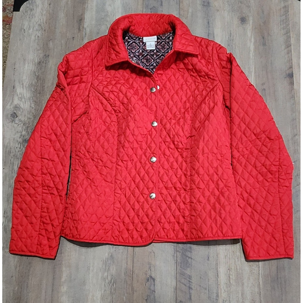 Kim Rogers Red Quilted Snap Up Jacket W/ Decorative Lining Women Size 8 (M)